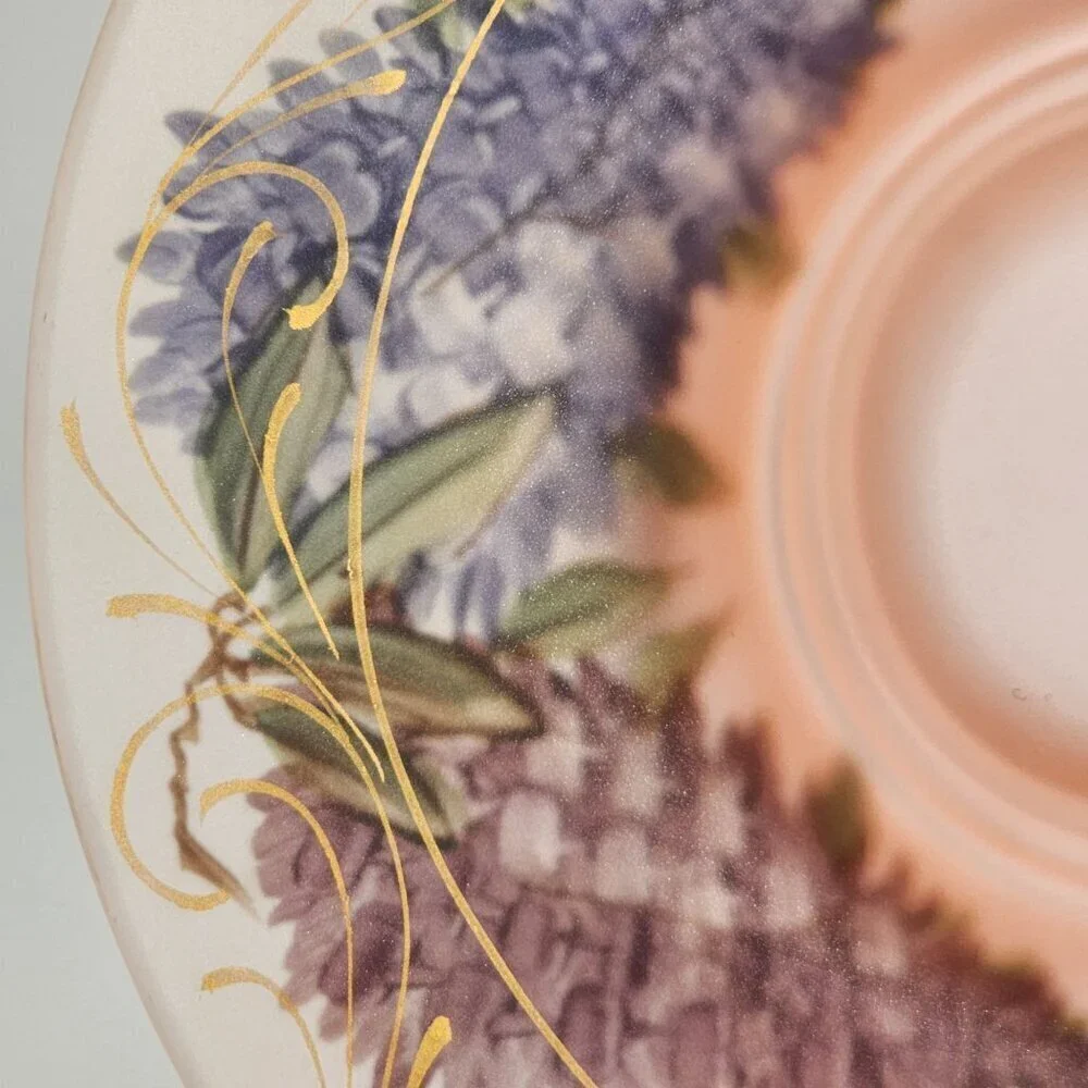 Pink Frosted Glass Bowl Hand Painted Purple Lavender Floral w/Gold Accents VTG